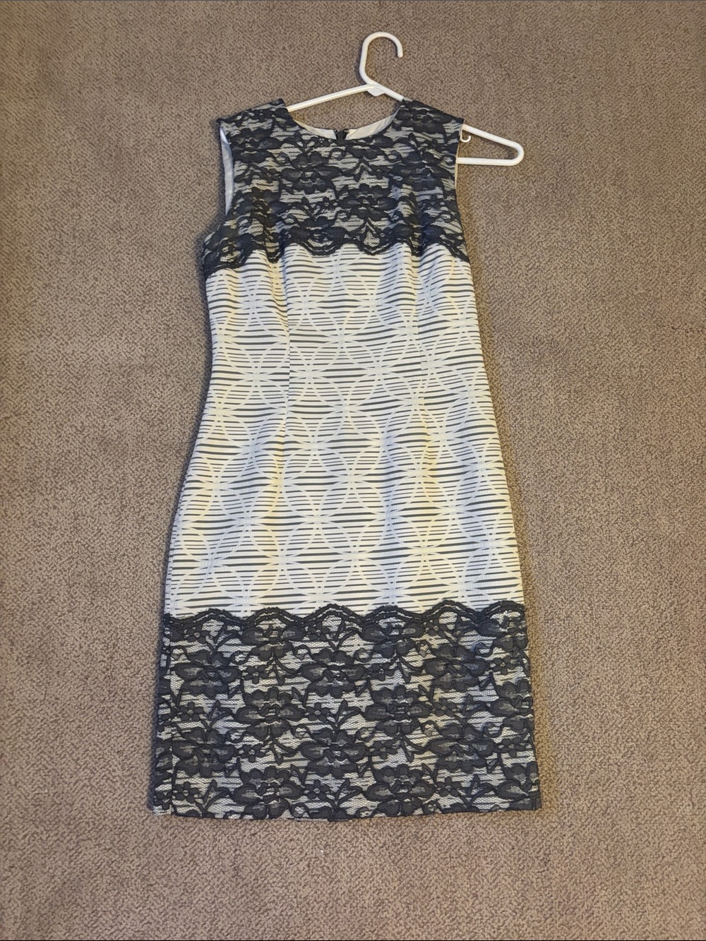 Sleeveless Lace-Trim Sheath Dress in Ivory and Black